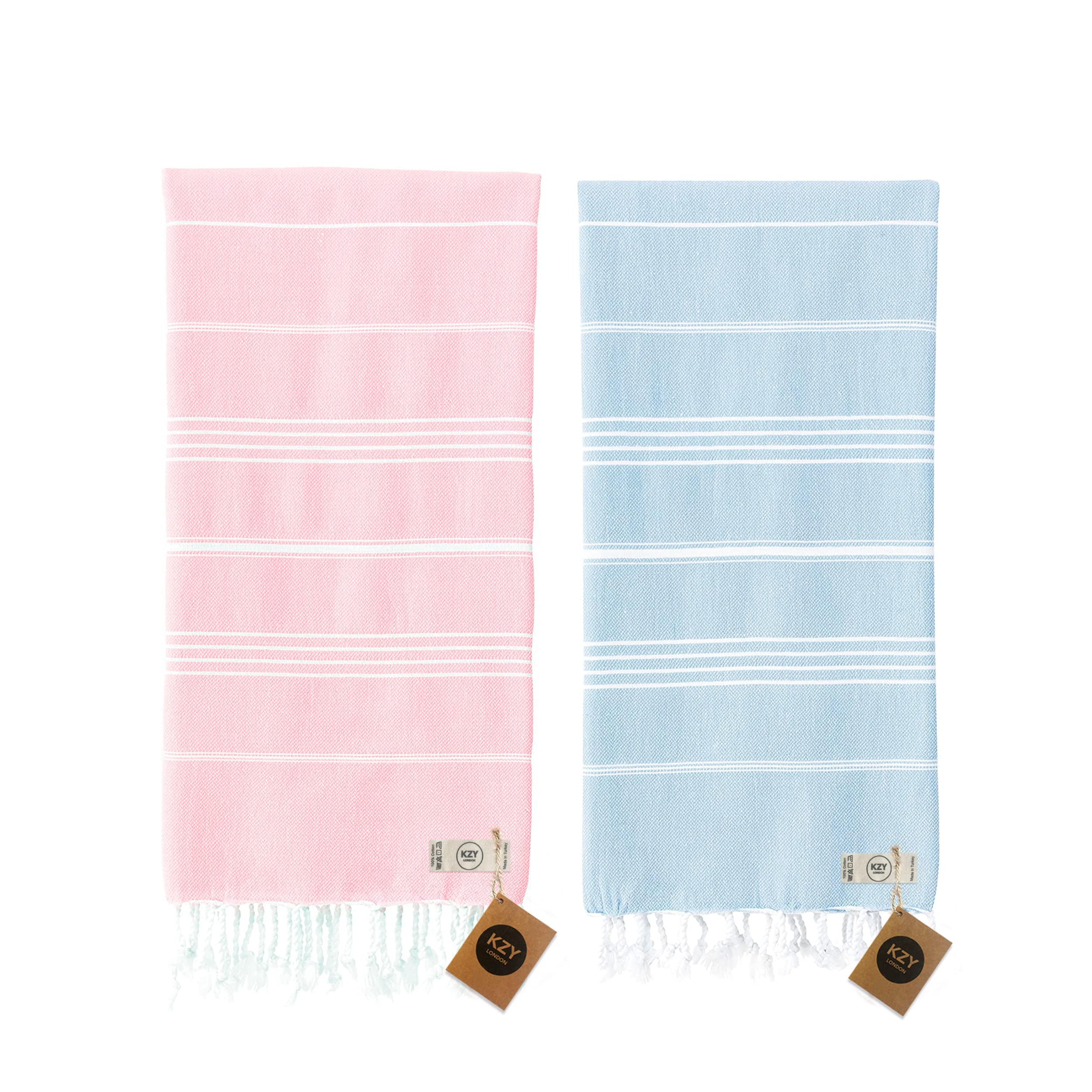 KZY LONDON Beach Towel 2 Pack Large Turkish Beach Towels for Camping, Swimming, Gym - Quick Dry, Absorbent, Lightweight,%100 Cotton 90x180cm Hammam Towels for Adults (2 Set- Pink, Light Blue)