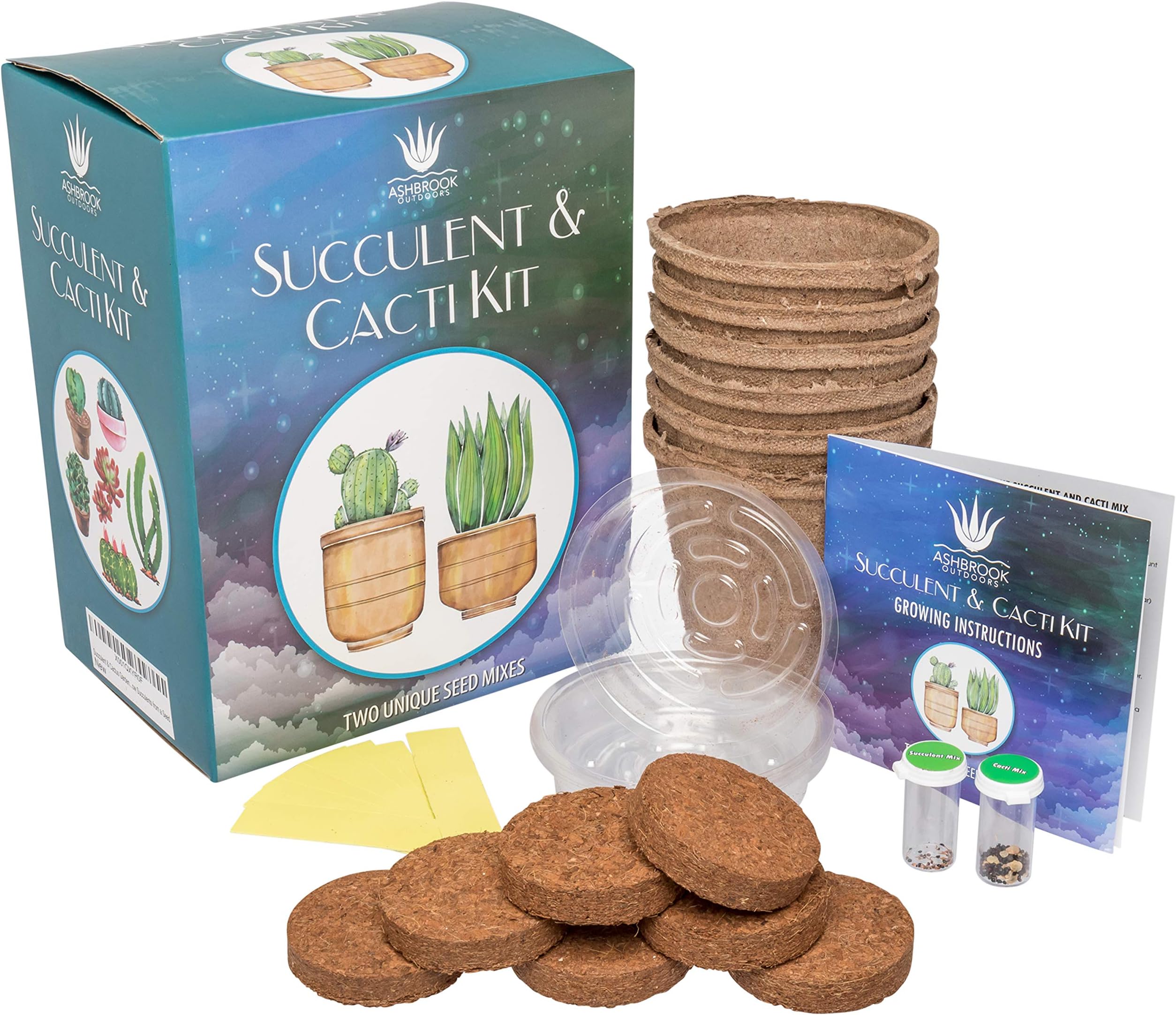 Succulent & Cacti Garden Complete Starter Growing Kit | DIY Cactus & Succulent Seeds, Instruction Manual, 6 Drainage Saucers, 6 Biodegradable Peat Pots & 6 Soil Wafer Disks