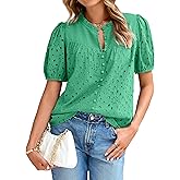 Glamaker Womens Summer Tops Blouse 2026 Casual Eyelet Embroidered Short Puff Sleeve Lace Hollow Out Button Dressy Shirts