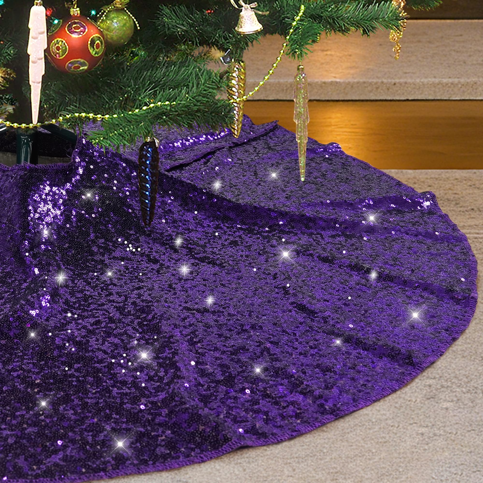 Eternal Beauty 91cm Round Christmas Tree Skirt - Sequin Base Cover for Xmas Decorations, Holiday Home Decor (36 Inches, Purple)