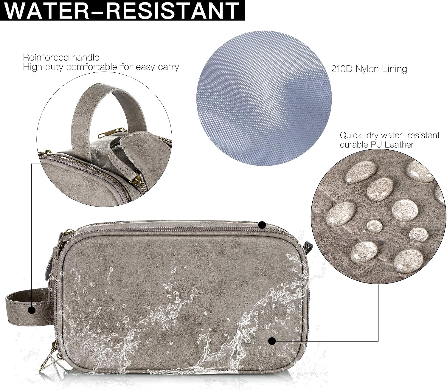 Water-Resistant Leather Toiletry Bag for Men Women Large Travel Wash Bag Shaving Dopp Kit Bathroom Gym Toiletries Makeup Organizer with Free Wet Dry Bag (Grey) - Image 4