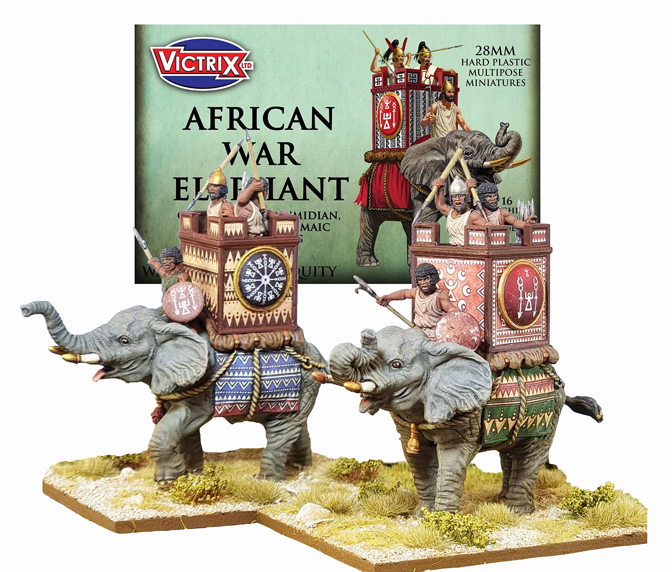 VICTRIX - African War Elephants - 2 Elephant Models - 16 Warrior Figures - 28mm Plastic Miniatures - Punic Wars