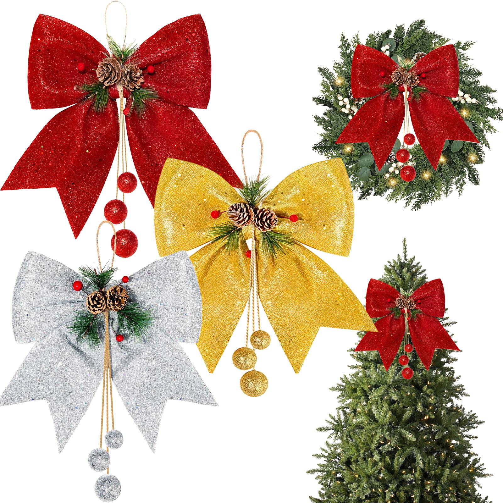 3 Pack Large Glitter Christmas Bows Red Gold Silver,11.8inch Glitter Bows for Christmas Tree Decorations,Wreaths Bows,Sequin Bow Ties Xmas Decorative Bow Tree Wreaths Ornament for Home Party