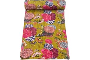 Marubhumi Indian Handmade Stitched Pure Cotton Fruit Print Kantha Quilt, Reversible Kantha Quilt (Mehandi, Queen (90"x 108"))