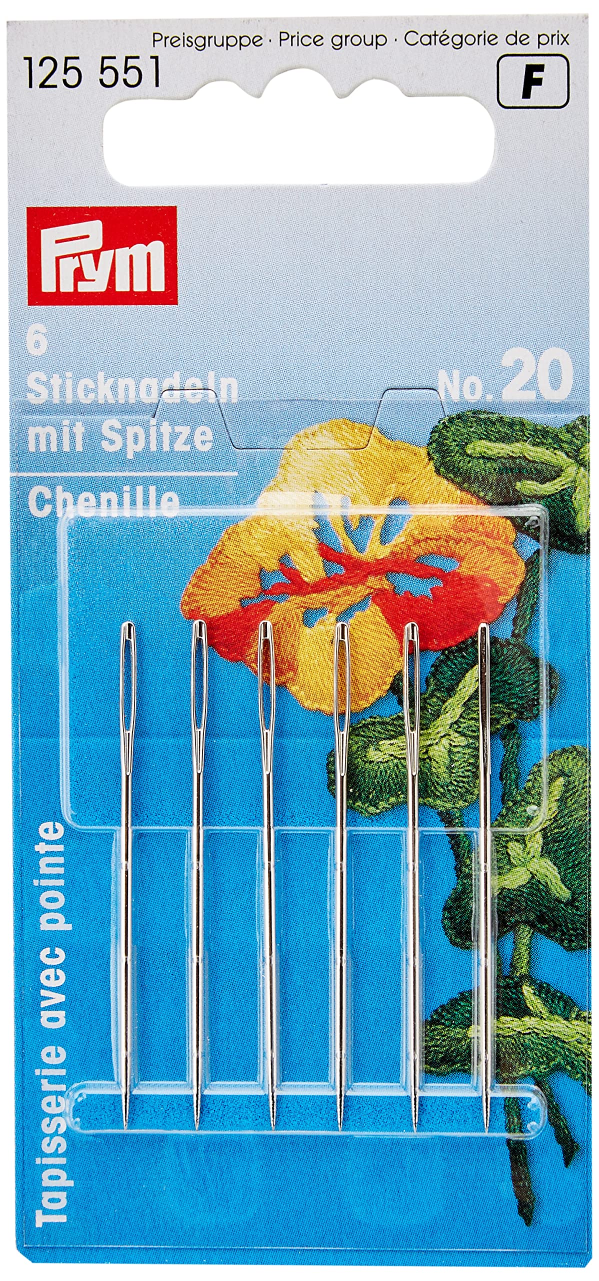 Prym PRYM_125551-1 Embroidery Needles Chenille Sharp Point No. 20 Silver col with Gold Eye 1.00 x 43 mm