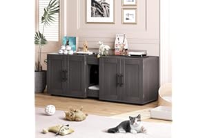 Garvee Cat Litter Box Enclosure for 2 Cats, 55" Hiddden Litter Box Enclosure Furniture 3-in-1 Wooden Litter Cabinet with Barn Door & Double Rooms for Bedroom Living Room,Walnut