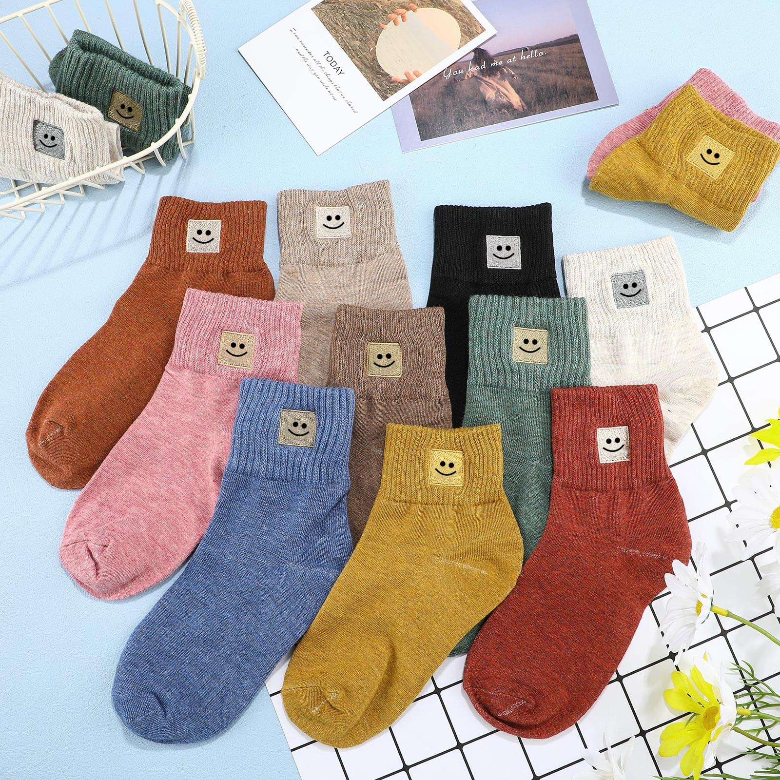 Eurzom 10 Pairs Socks Womens Crew Elastic Ankle Length Cotton Socks Aesthetic Cute Lightweight Low Cut Gifts for Women