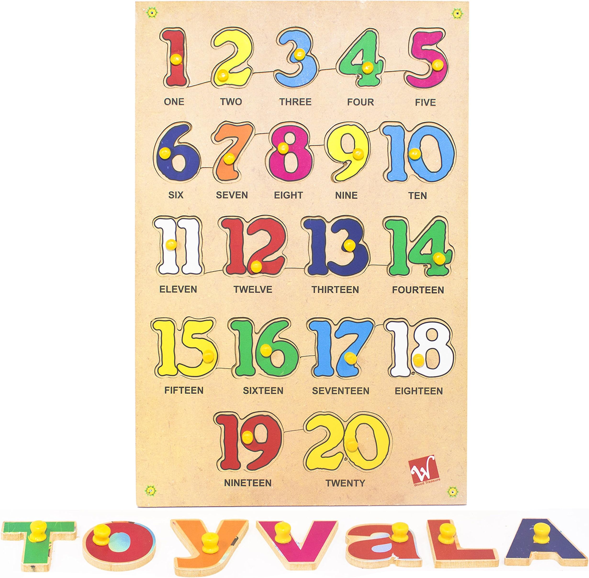 Toyvala Pinewood Wooden Jigsaw Puzzle Board for Kids - Number 1 to 20 with Spelling - Learning & Educational Gift for Kids