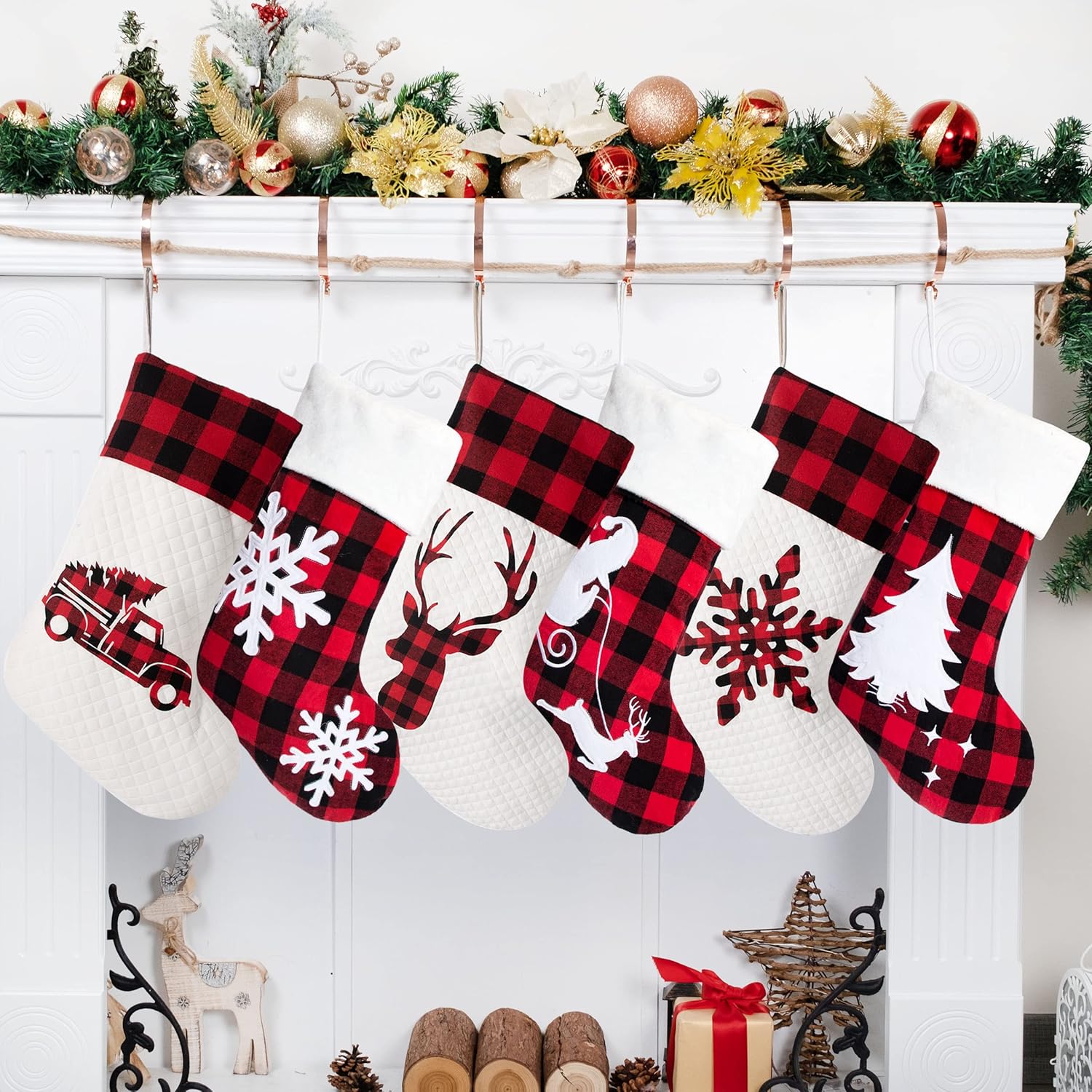 Stockings & Holders - LUBOT Set of 6 Christmas Stocking(20inch) Silhouette Buffalo Red Plaid/Rustic/Farmhouse/Country Cotton Fireplace Hanging Xmas Stockings Decorations for Family Holiday Season Decor