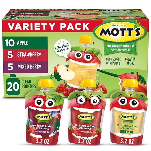 MOTT’S NO SUGAR ADDED APPLESAUCE VARIETY PACK, 3 FLAVORS – APPLE, STRAWBERRY & MIXED BERRY, MADE FROM REAL FRUIT, NO ARTIFICIAL FLAVORS, 3.2 OZ CLEAR POUCHES, 20 PACK