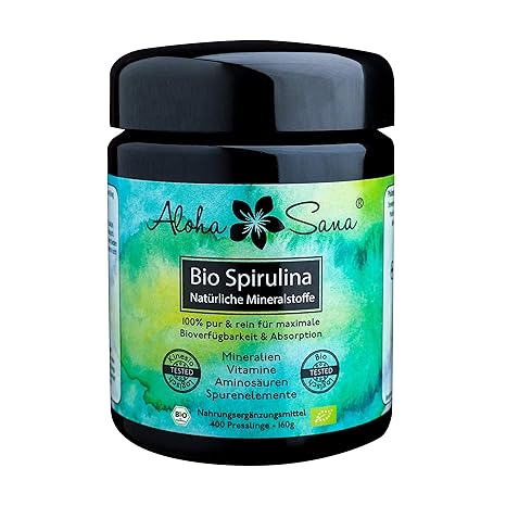 Aloha Sana ® - Bio Spirulina Algen 400 Presslinge a 400 mg, Ultraviolettglas, laborgeprüft, energetisch getestet, DE-ÖKO-007 