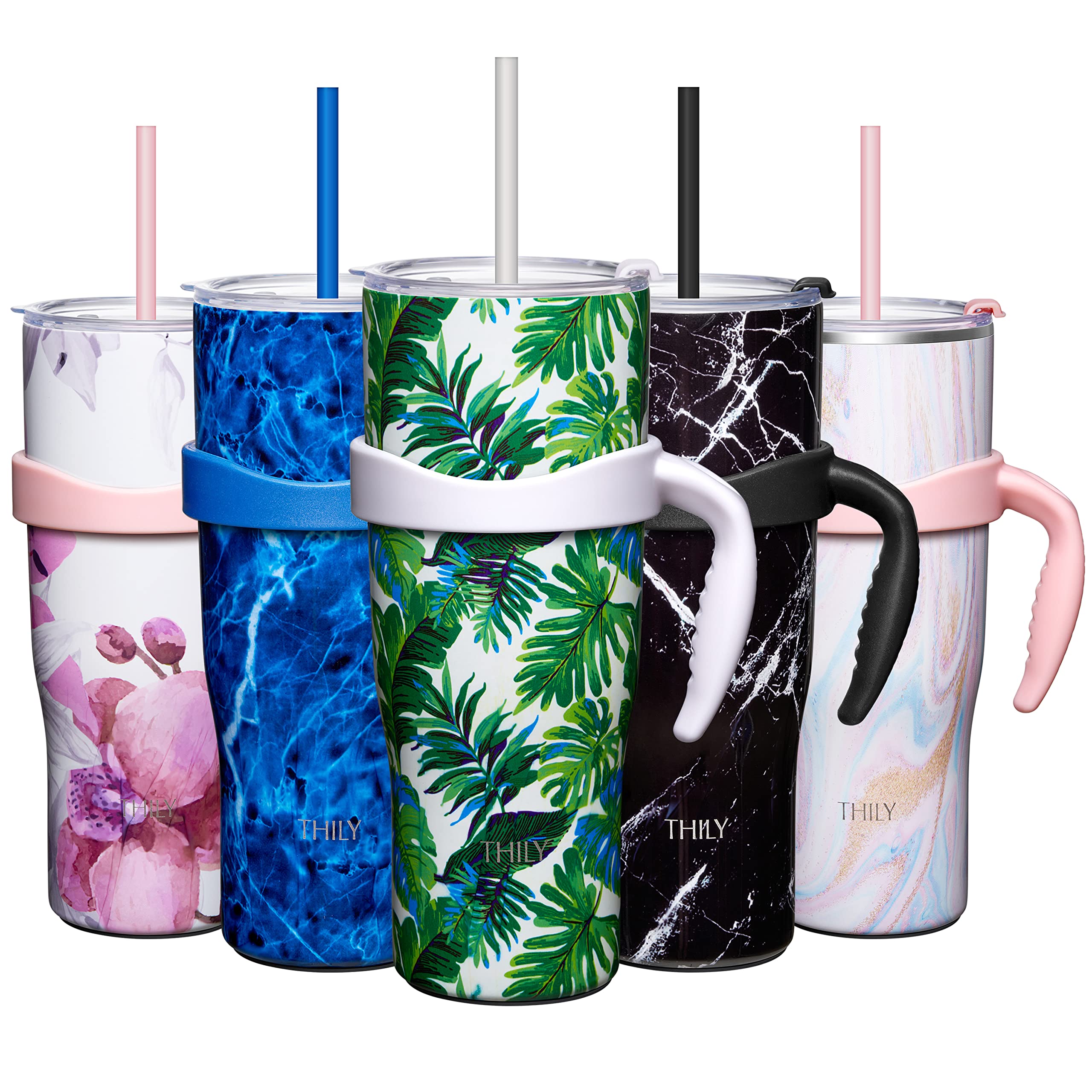 THILY Stainless Steel Vacuum Insulated Tumbler 1180 ml Coffee Travel Mug with Handle and Lids, Reusable, Sweat Proof, Keep Drinks Cold for 34 Hours or Hot for 12 Hours, Green Plants