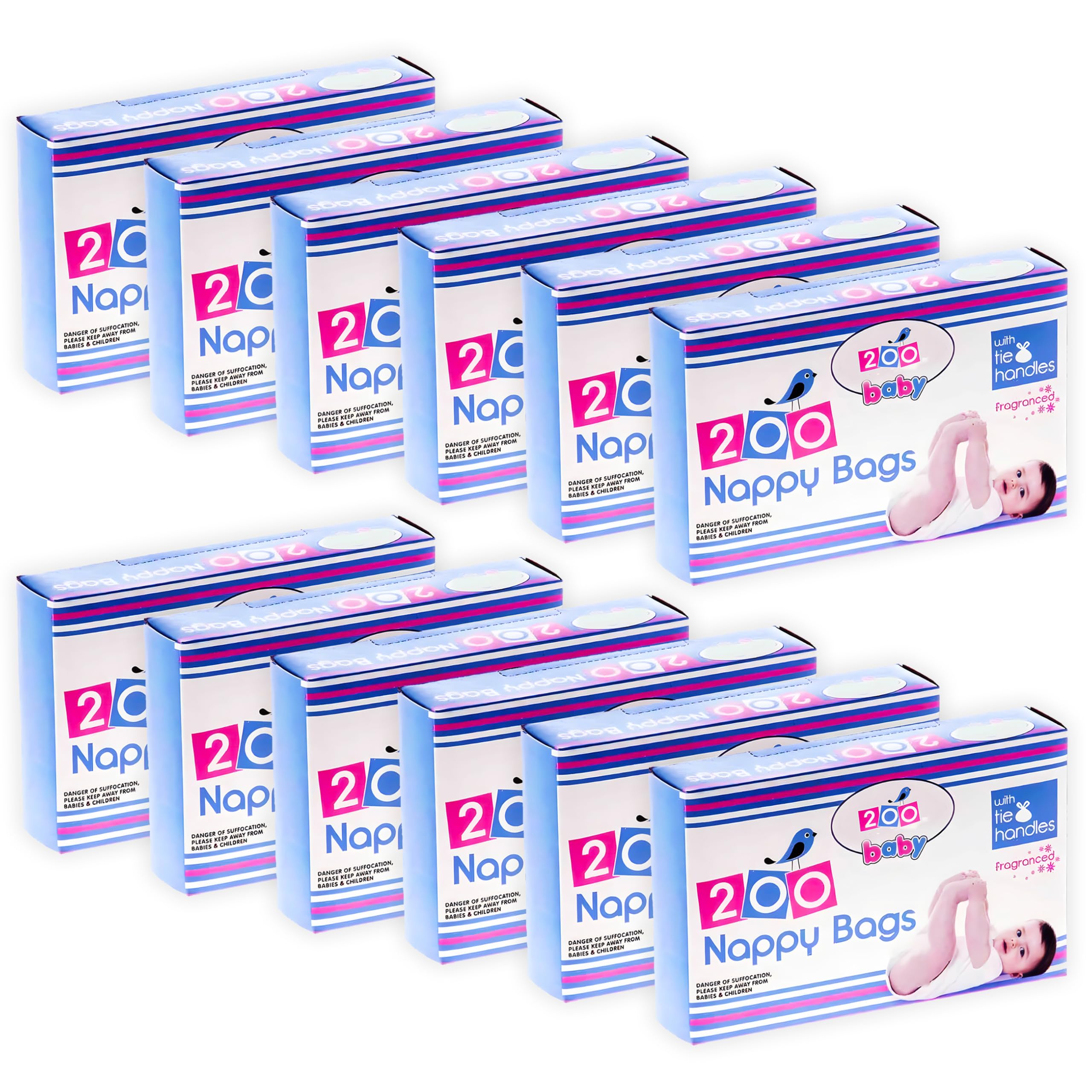 Disposable Tie Handle Nappy Bags Sacks Fragranced Powder Scented Hygienic Baby Nappy Waste Bin Disposal Bags for Travel (12 Packs (2400 Bags))