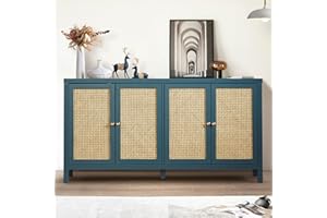 QHITTY Sideboard Buffet Cabinet, Rattan Accent Cabinet Storage Cabinet Console Table with 4 Doors and Adjustable Shelves for Kitchen, Dining Room, Living Room, Hallway (Blue)