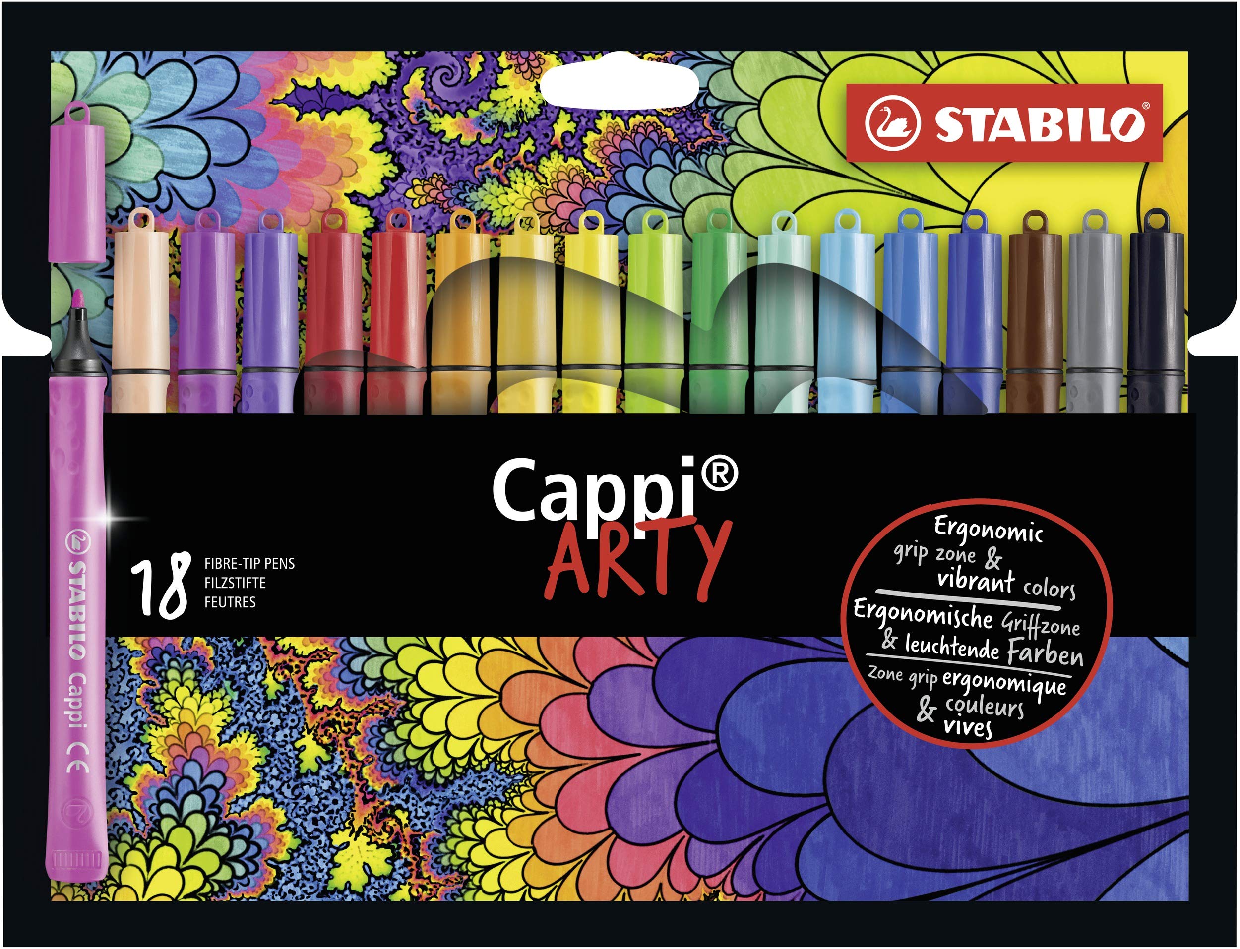 STABILO Cappi - Fibre-Tip Pen with Cap-Ring - ARTY - Pack of 18 - Assorted Colours with 2 Cap-Rings