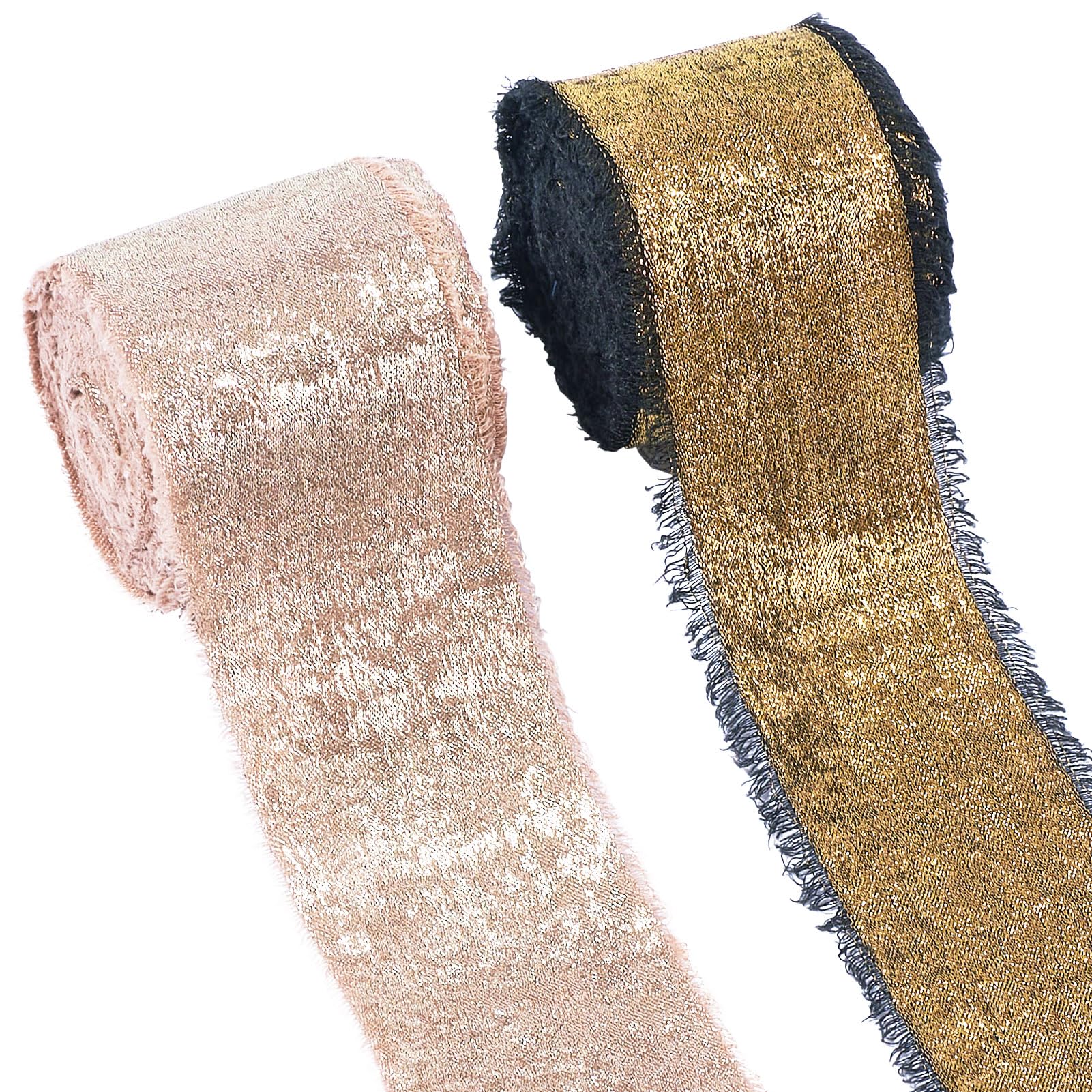 Crafans 2 Rolls Hot Stamping Velvet Ribbon 2 Colors Fringe Chiffon Ribbons Raw Edge Ribbons Vintage Shimmery Silk Ribbons Frayed Ribbons for Gift Bouquet Wrapping Party Decoration