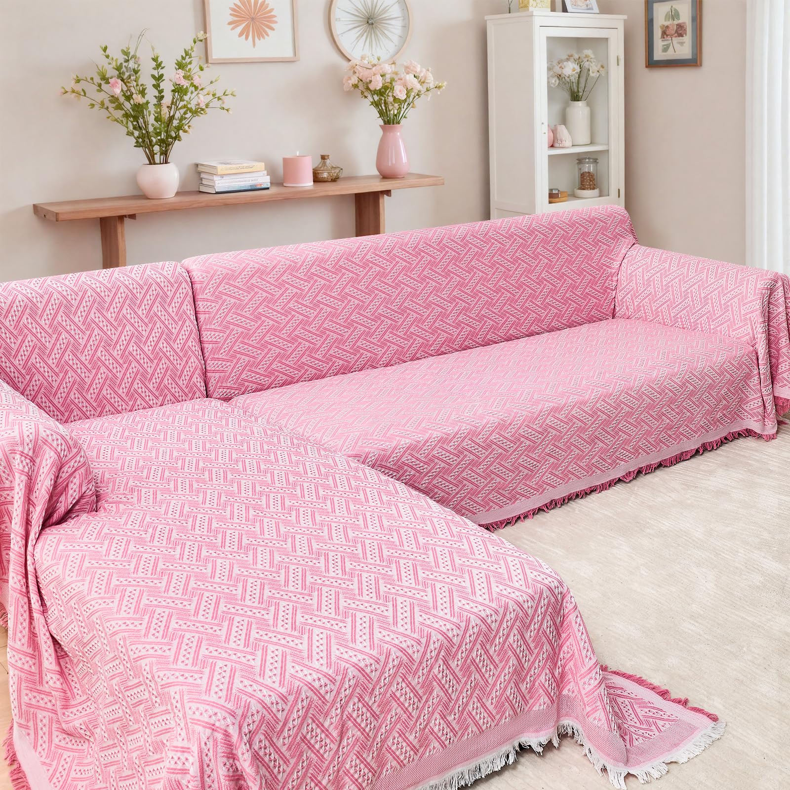 HOMERILLA Sectional Couch Covers for Sectional Sofa L Shaped Sofa Cover Blanket 2 Pieces L Shape Furniture Protector for Pets Dogs (Pink White, XXX-Large)
