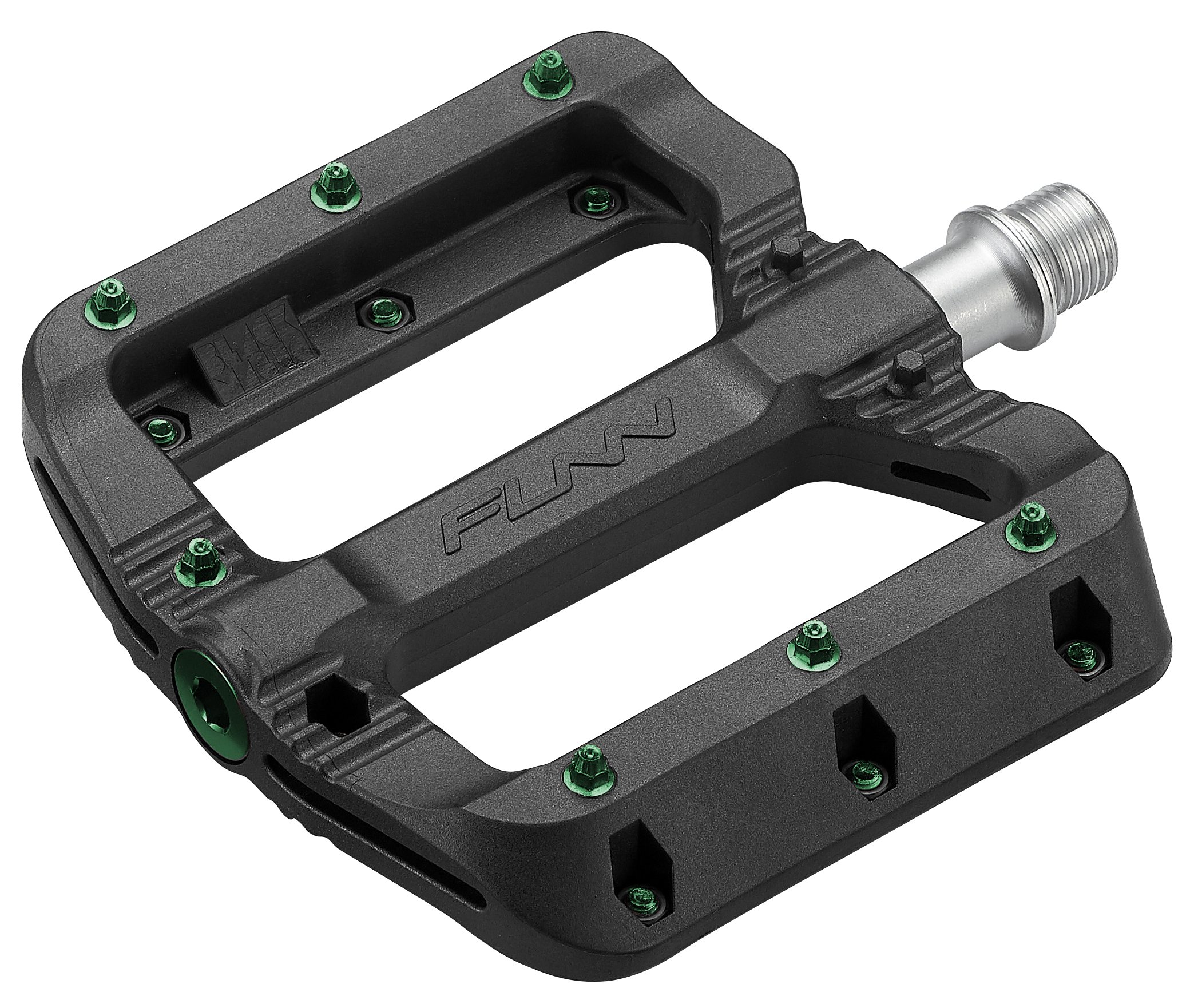 Funn Black Magic Plastic Flat Mountain Bike Pedal Set - Lightweight Wide Platform Bicycle Pedals for Stability, 9/16-inch CrMo Axle Bike Pedals for MTB/BMX/Urban/Gravel Riding (Green Pins) — image 1