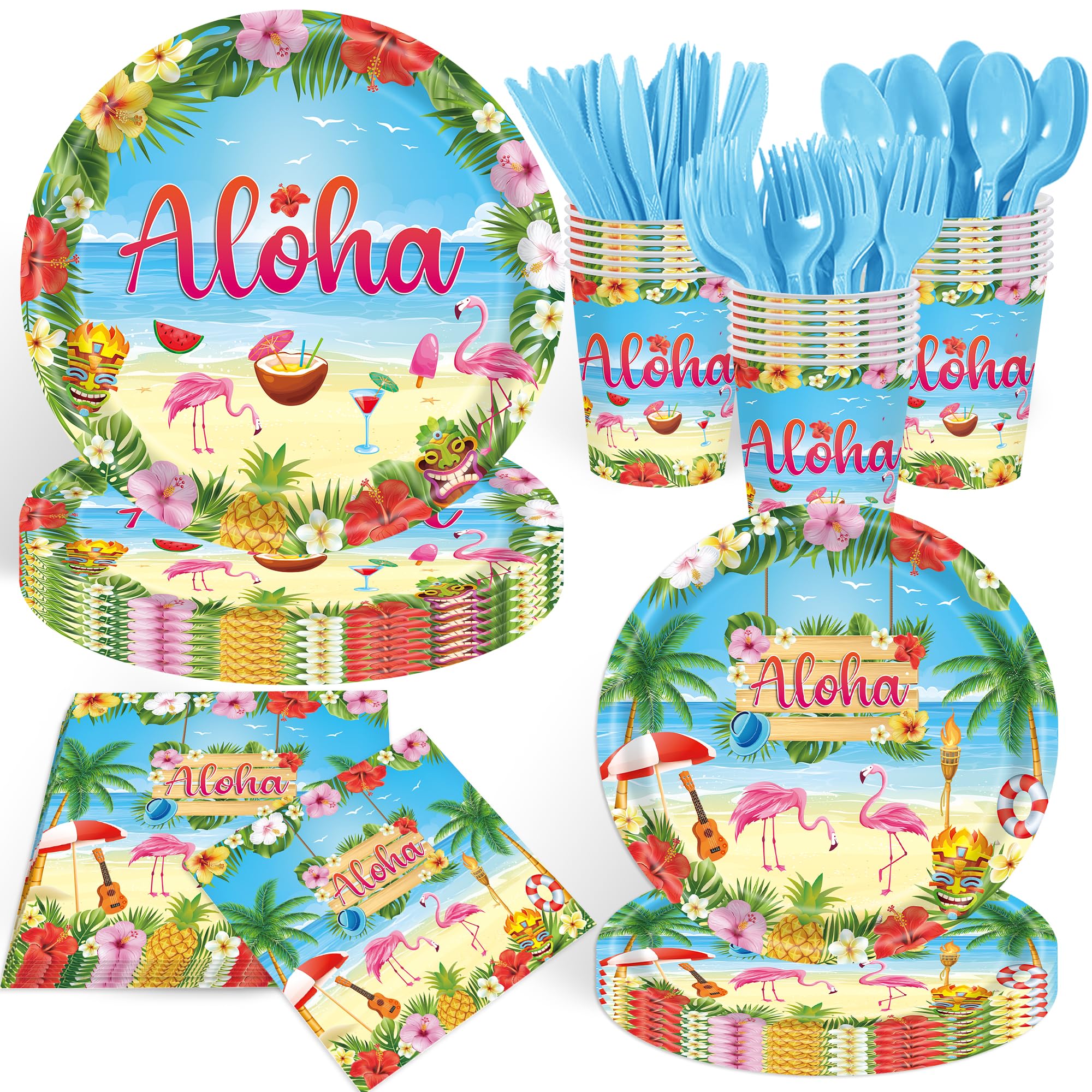 Photo 1 of 140pcs Luau Party Supplies Party Tableware for Aloha Hawaiian Party Decorations Dinnerware Set Serves 20 + Guests for BBQs & Summer party