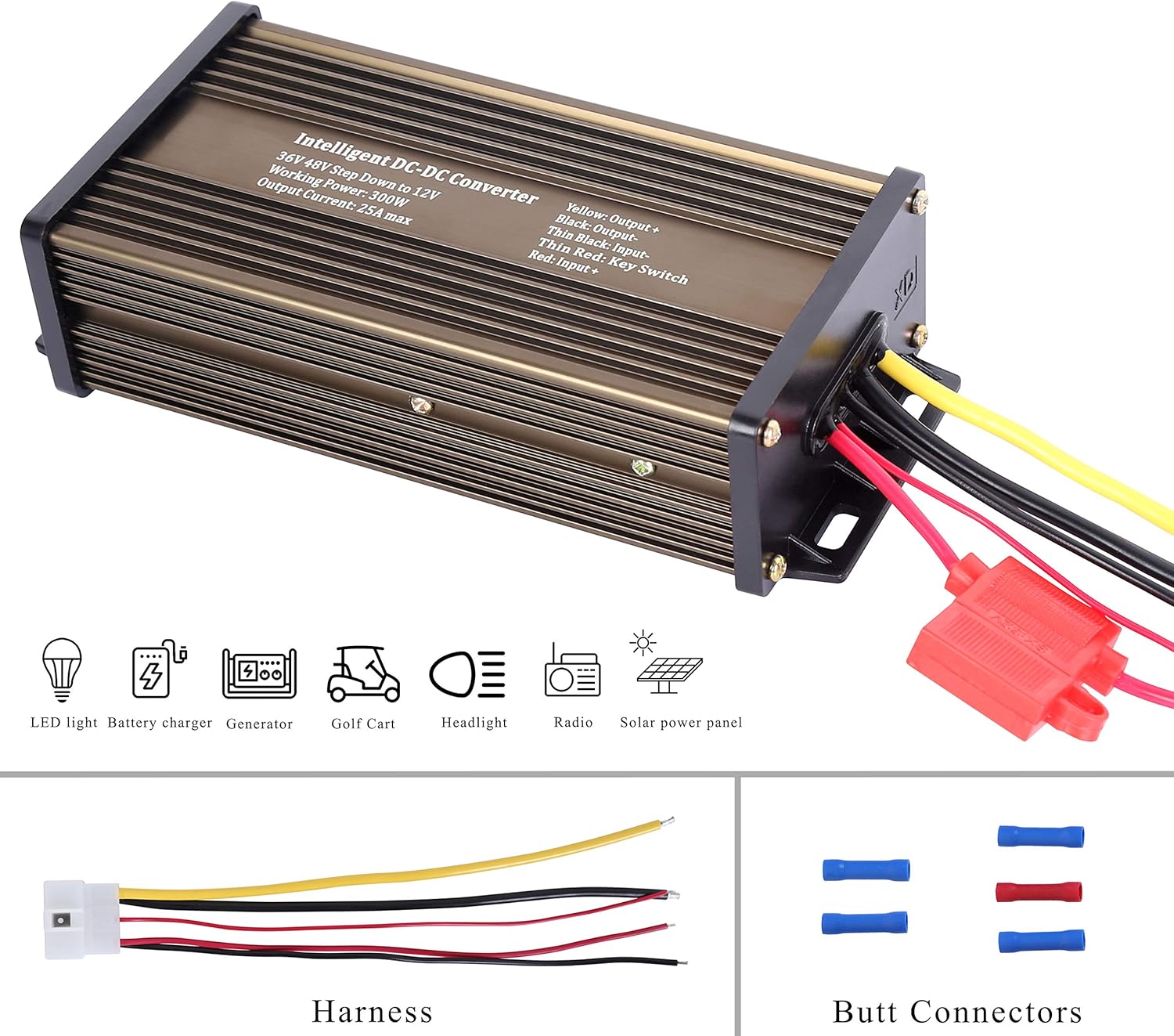Pro Chaser DC-DC Golf Carts RVs 48V 36V Volt Voltage to 12V Step Down Voltage Reducer Regulator for Headlights Taillights Solar Panels Radios (25A 300W)