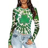 Womens Mesh Long Sleeve St Patricks Day Tops See Through St Pattys Shirt Round Neck Y2k Shamrock Clover Graphic Tees