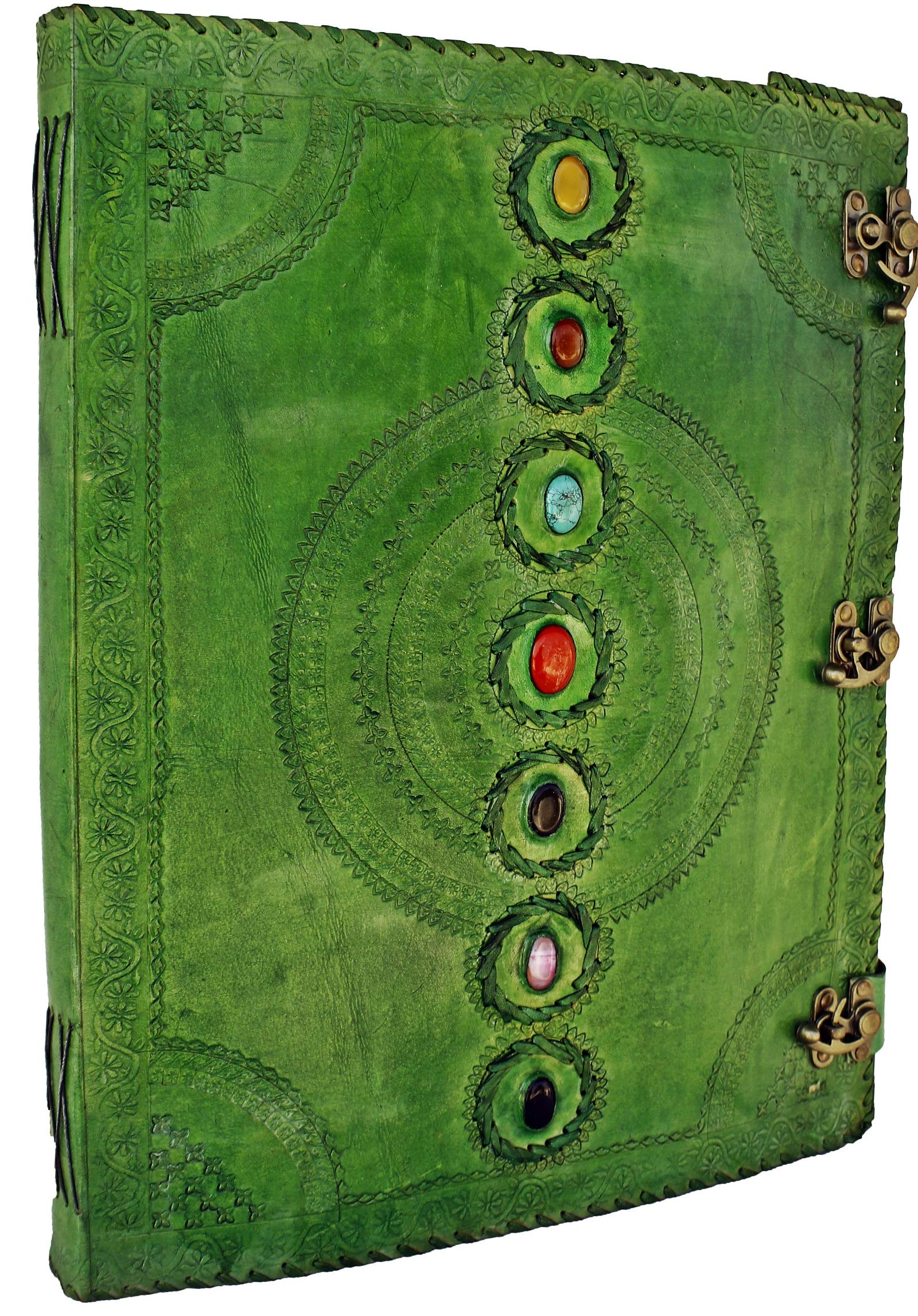 AOL Seven Chakra Medieval Stone Embossed Handmade Jumbo Leather Journal Book of Shadows Notebook Off