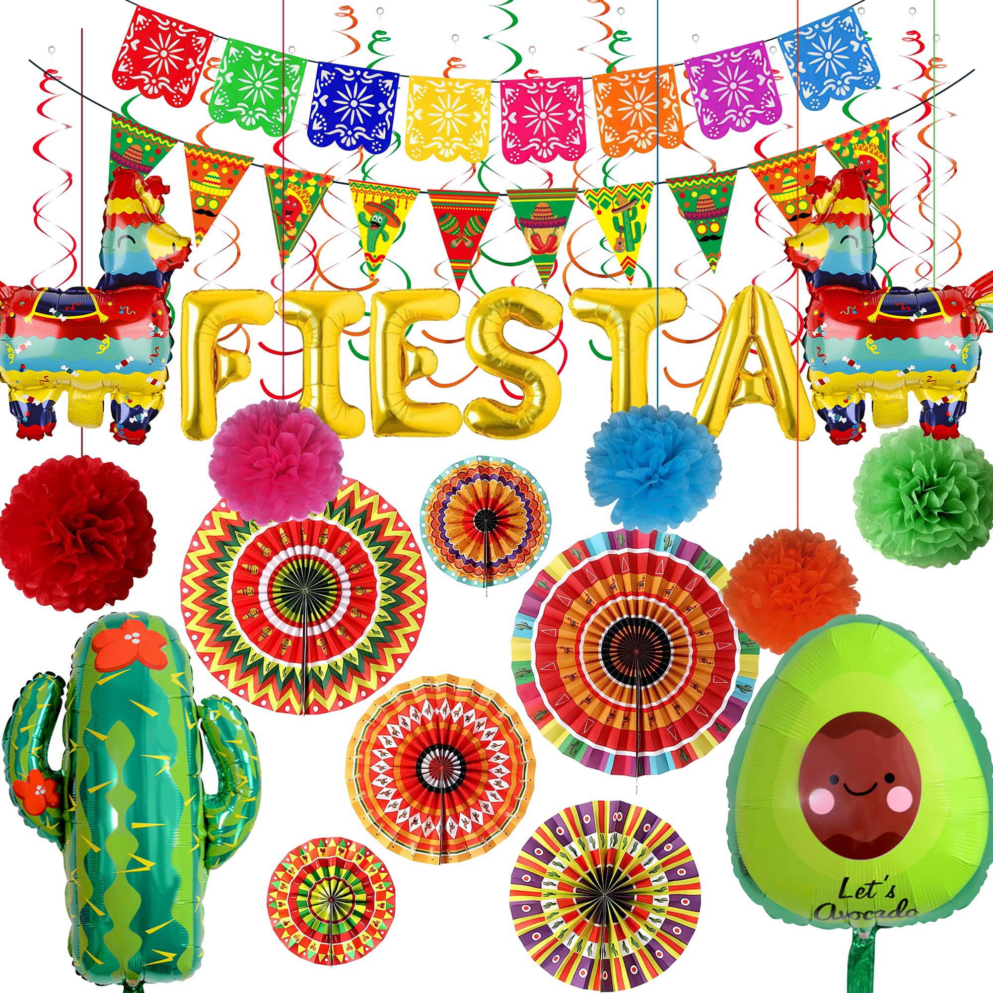 32pcs Mexican Party Decorations, Fiesta Party Decor Crepe Paper Streamer Mexica Themed Paper Fans Pom Poms Flowers for Mexican Fiesta Cinco De Mayo Supplies