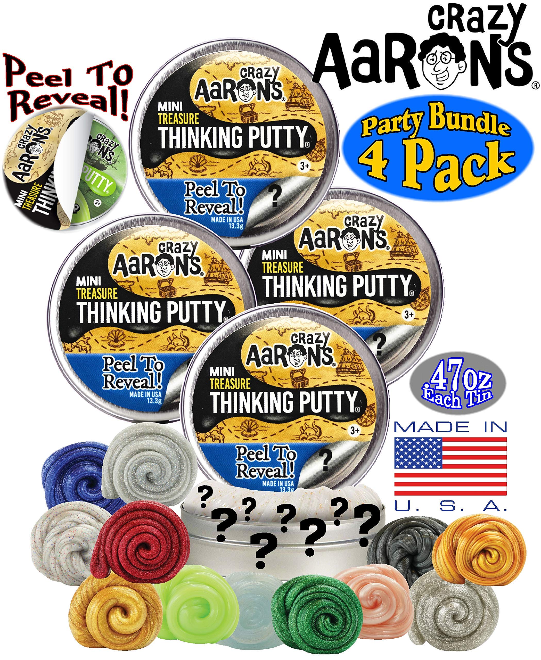 Crazy Aaron's Putty Mini Tins Treasure Surprise Peel to Reveal (Collect All 12 Colors) Gift Set Party Bundle - 4 Pack (.47oz Each) *Items are Assorted and May Contain Duplicates