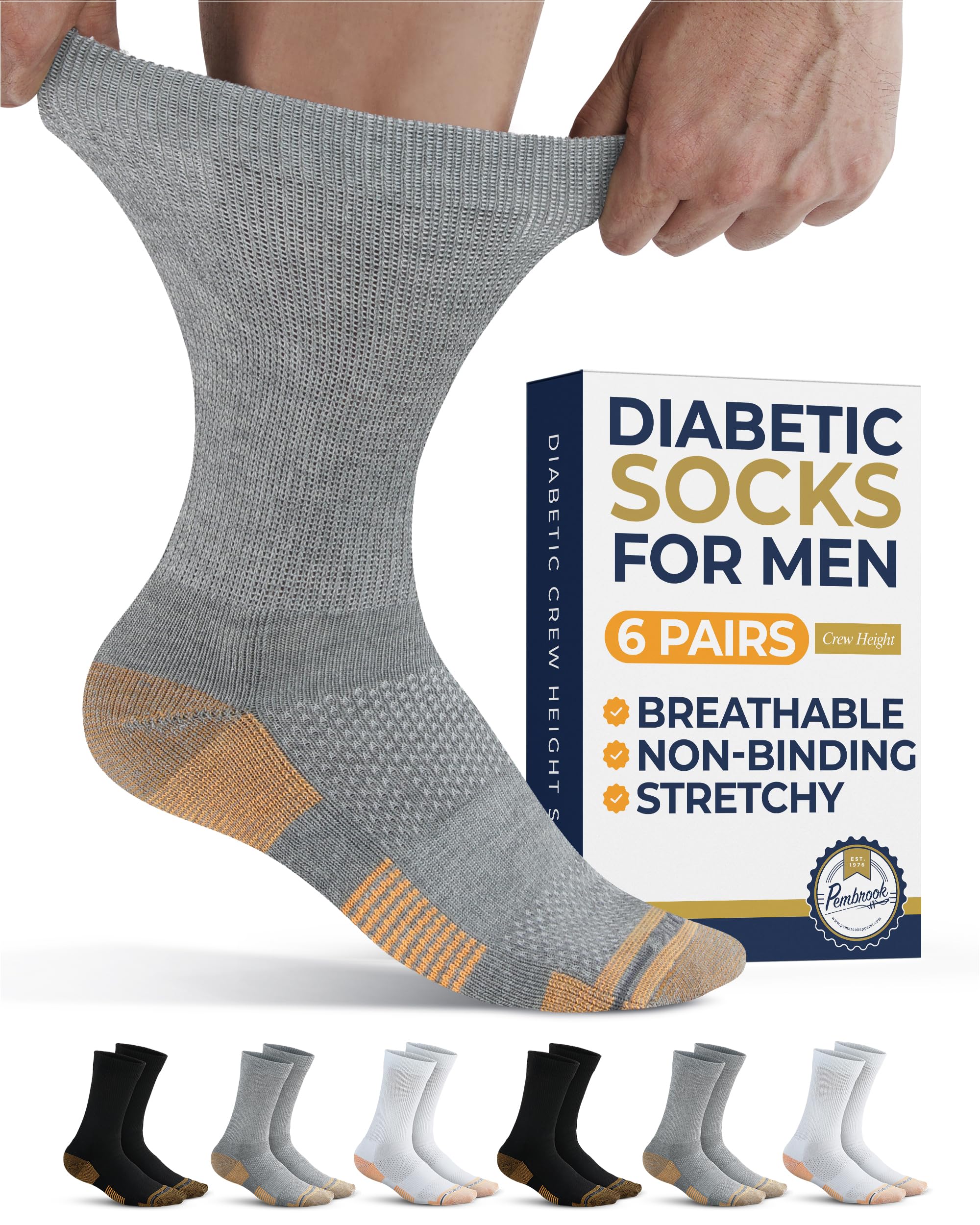 Photo 1 of Pembrook Diabetic Socks for Men - 6 Pairs Crew Diabetic Socks for Women, Mens Diabetic Socks Size 13-15, Black, White, Gray (with Copper)