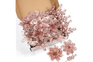 SAWOWKUYA 22 Pcs Rose Gold Christmas Poinsettia Artificial Flowers and Glitter Berries Stems Kit, Christmas Poinsettias Decorations and Christmas Tree Ornaments for Xmas Home Wedding Holiday Tree Decor
