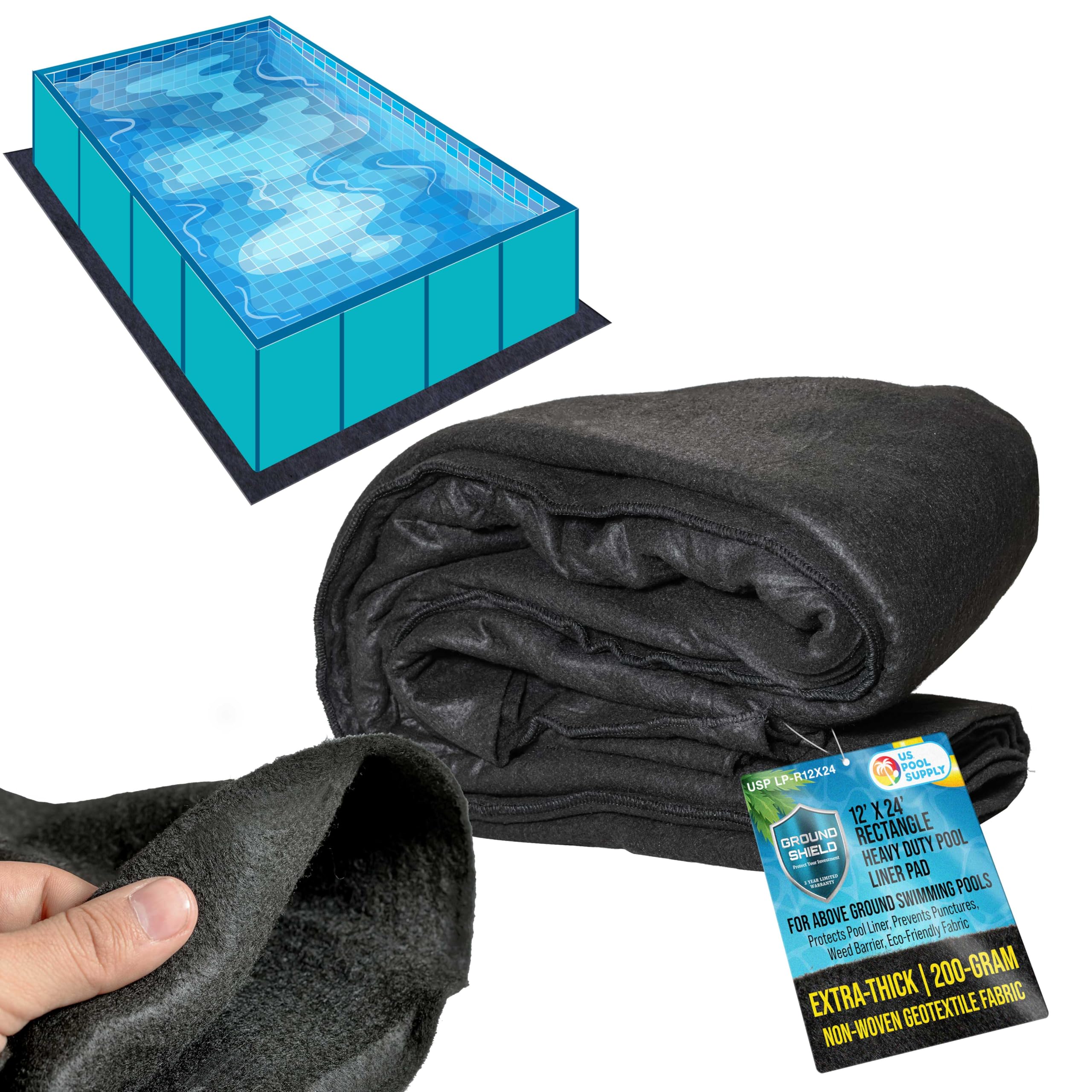 U.S. Pool Supply Ground Shield 12-Foot x 24-Foot Rectangle Heavy Duty Pool Liner Pad for Above Ground Swimming Pools - Protects Pool Liner, Prevents Punctures, Eco-Friendly Fabric - Extends Liner Life Image U.S. Pool Supply Ground Shield 12-Foot x 24-Foot Rectangle Heavy Duty Pool Liner Pad for Above Ground Swimming Pools - Protects Pool Liner, Prevents Punctures, Eco-Friendly Fabric - Extends Liner Life Image