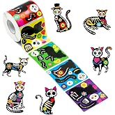 Haooryx Sugar Skull Sticker Rolls - 300Pcs Day of The Dead Cat Skeleton Stickers, Decorate Your Own Cat with Face Body Decors, Make Your Own Mexican Fiesta Decals Día de Muertos for Party Favor Supply