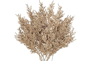 Hollyone 12 Pcs Glitter Artificial Pine Needles Branches 13.4" Christmas Pine Stems Picks Champagne Leaves Fake Ceder Sprigs Pine Picks Stems for DIY Christmas Tree Garland Wreath Crafts Home Decorati