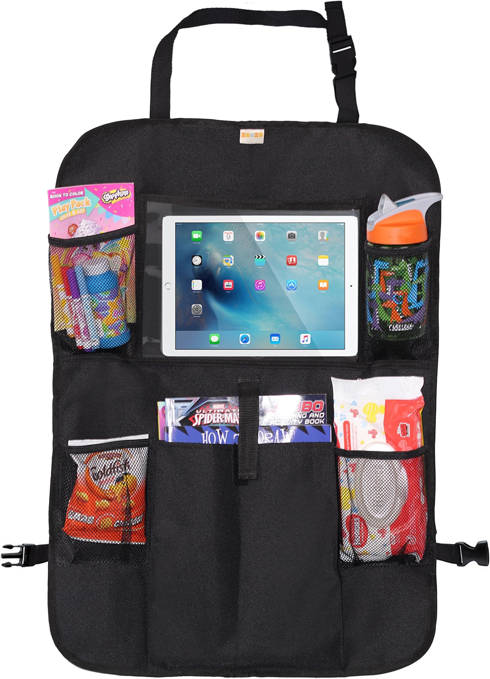 Zohzo Car Back Seat Organizer With Tablet Holder - Touch Screen Pocket for Android & iOS Tablets up to 10.5" - Multipurpose Use as Auto Seat Back Protector, Kick Mat, Car Organizer