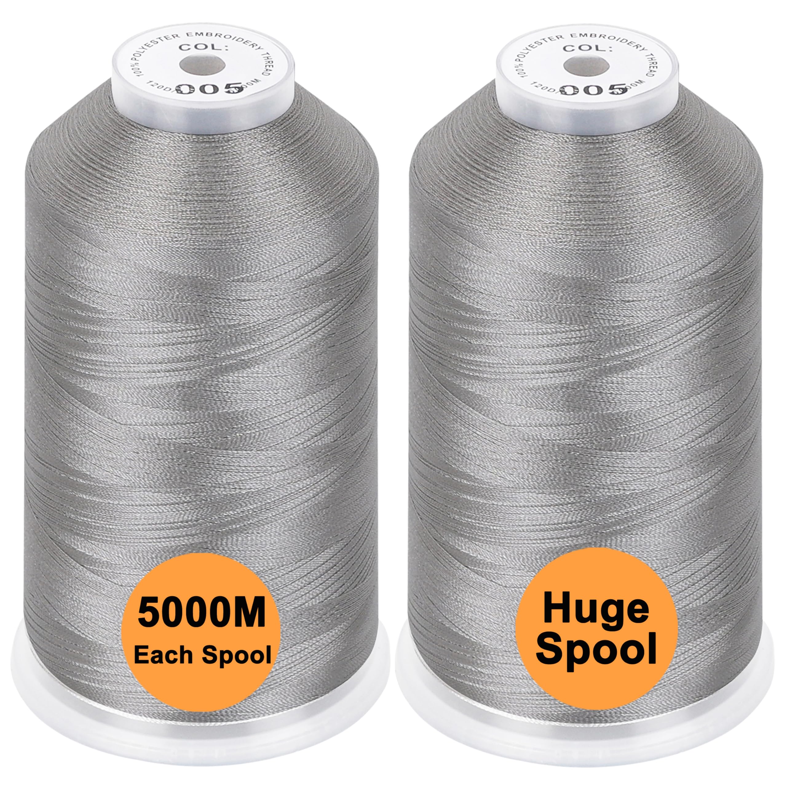 New brothread Set of 2 Polyester Machine Embroidery Thread Huge Spool 5000M for All Embroidery Machines - Silver