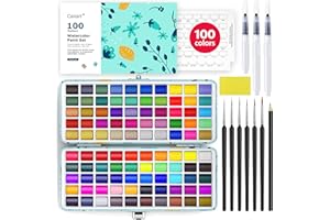 Caliart Watercolor Paint Set, 100 Colors Portable Travel Water Color Palette Kit with Detail Paint Brush, Art Supplies for Painting Coloring, Christmas Gifts for Artist Adult Teen Girls Boys Beginners