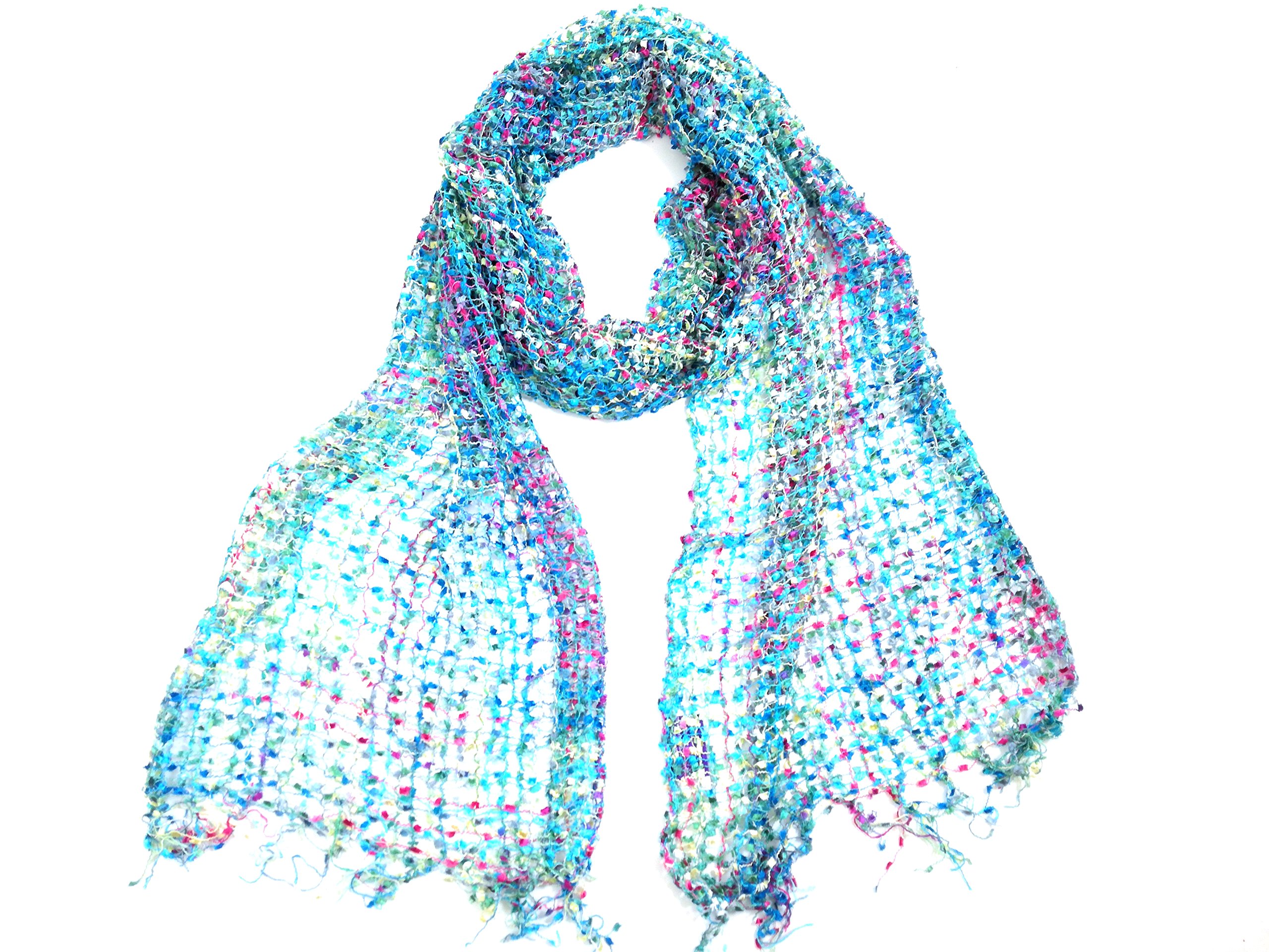 COOL TRADE WINDS - LIGHT AND DELICATE CONFETTI NET WEAVE SCARF: Hand Loomed in India, a pretty scarf that can be worn for any occasion - 193cm x 33cm in size (Sky Blue)