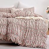 Herside Floral Duvet Cover King Size 100% Cotton Pink Green Shabby Chic Duvet Cover Set,Vintage Ruched Bedding 3 Pcs Elegant Soft and Breathable Comforter Cover for Girls Women Room Decor All Season