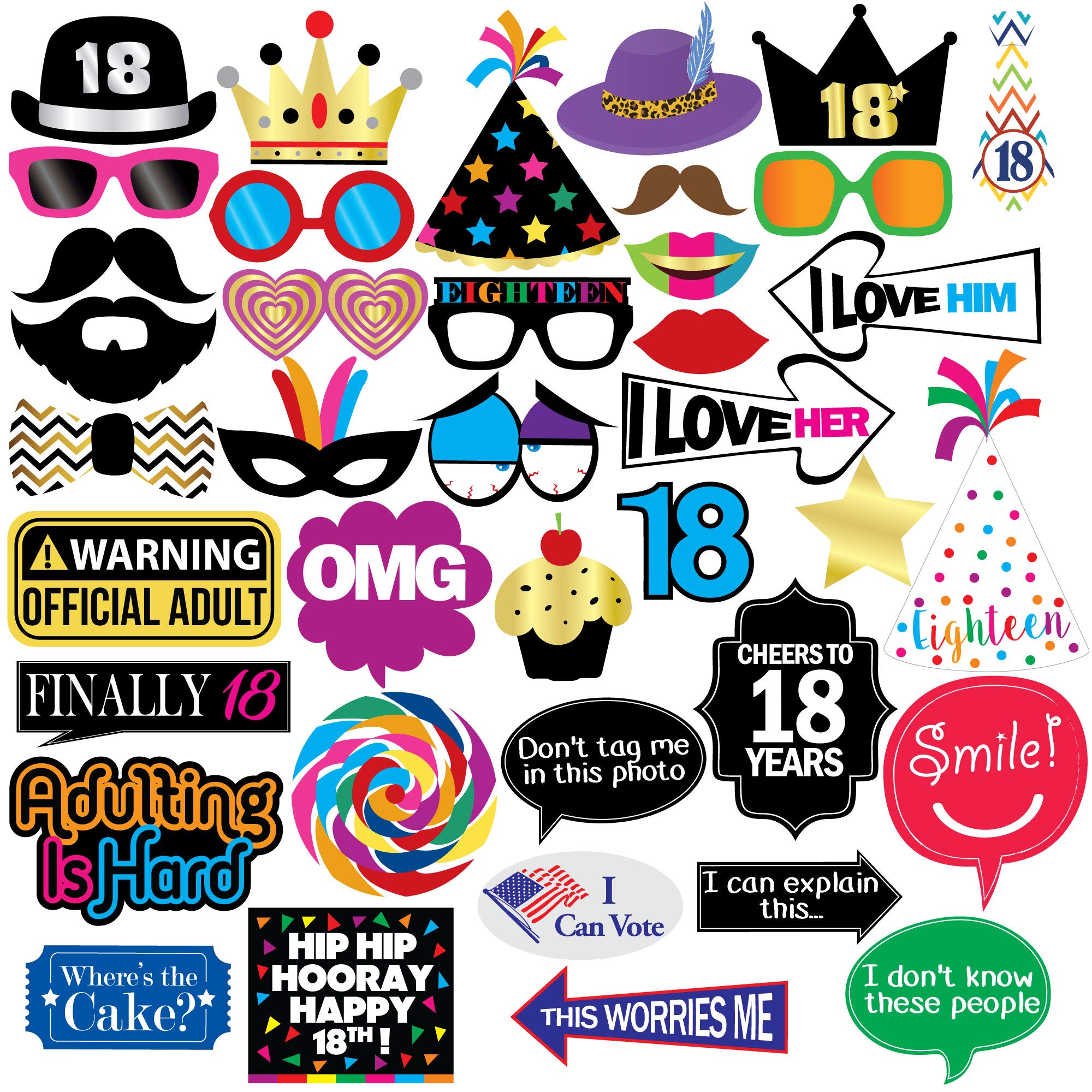 18th Birthday Photo Booth Party Props - 40 Pieces - Funny 18th Birthday Party Supplies, Decorations and Favors