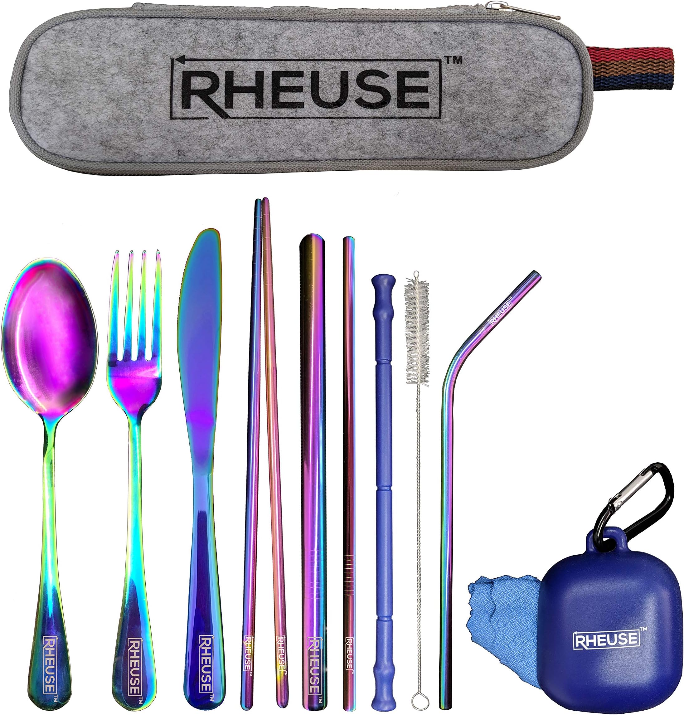 Portable Utensils, 10 Piece Stainless Steel Flatware Set, Reusable Towel, Travel Size Personal Cutlery Set, Carrying Case, 3 Metal And 1 Silicone Straw, Spoon, Fork, Knife, Chopsticks