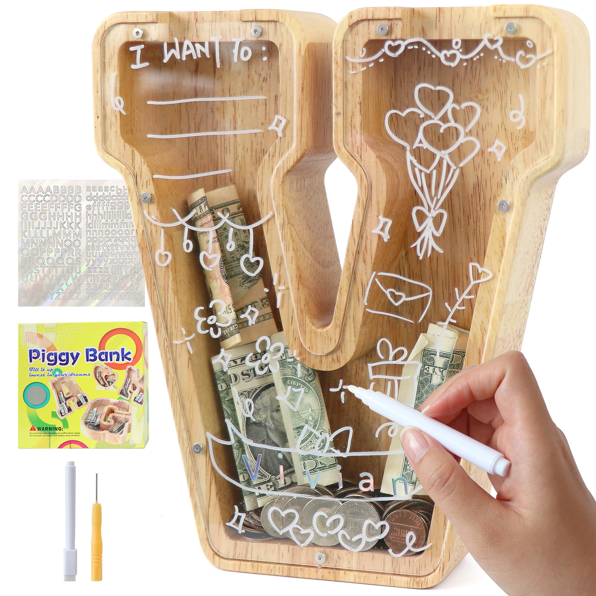Lakpopya Money Box for Children Boys Girls - Personalised Transparent with Letter Wood A-Z, Target Area, Stickers & Markers - Christening Gift Decoration (V)