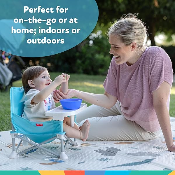 NUBY POP-UP BOOSTER SEAT WITH REMOVABLE TRAY – 6+ MONTHS – PORTABLE BOOSTER SEAT FOR FLOOR FOR INDOOR/OUTDOOR USE – 3-POINT SAFETY ADJUSTABLE STRAPS – SUMMER TRAVEL ESSENTIALS – STRIPES
