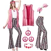 MOLLDAN Women’s 60S 70S Outfits Hippie Costume Retro Peace Sign Fringe Vest Flared Pants Set for Halloween Party