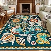 Joydeco Egypt Floral Machine Washable Living Room Area Rugs 5x7, Boho Vintage Dark Green Rug for Bedroom Nursery, Non Slip Ultra-Thin Throw Carpet for Playroom Dining Room Classroom