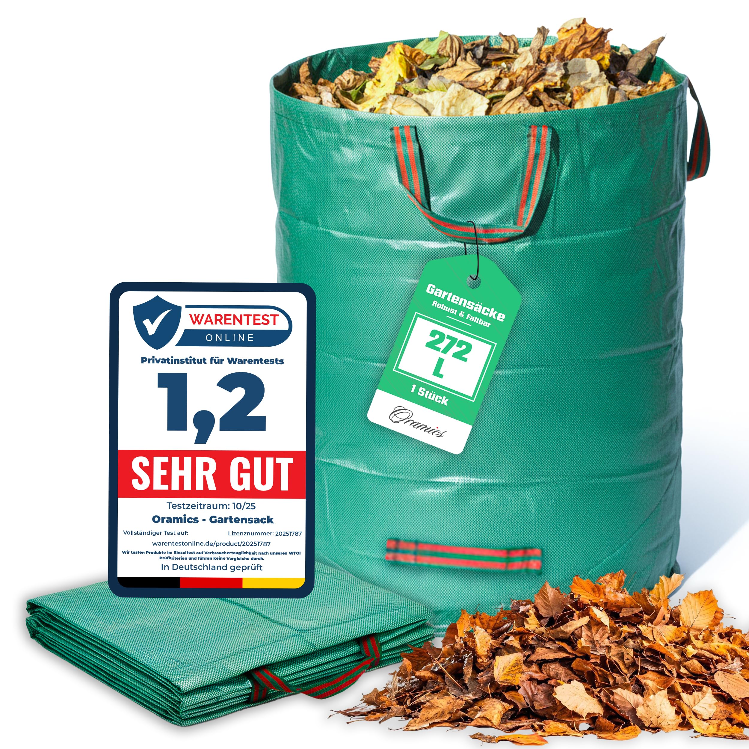 Oramics Garden Sack Leaf Sack - 272 Litre 67 x 75 cm - Garden Waste Sack Made from Water Resistant Polypropylene with 4 Handles for Easy Transport and Emptying