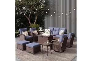 LayinSun 10 Pieces Outdoor Patio Furniture Set with Fire Pit Table, Rattan Wicker Sectional Swivel Rocker Chairs Sets