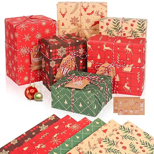 Christmas Wrapping Paper, 12 Sheets Recyclable Xmas Gift Kraft Paper 70x50cm with 6 Pattern for Christmas, New Year, Festive Decorations, Party Gift Wrap