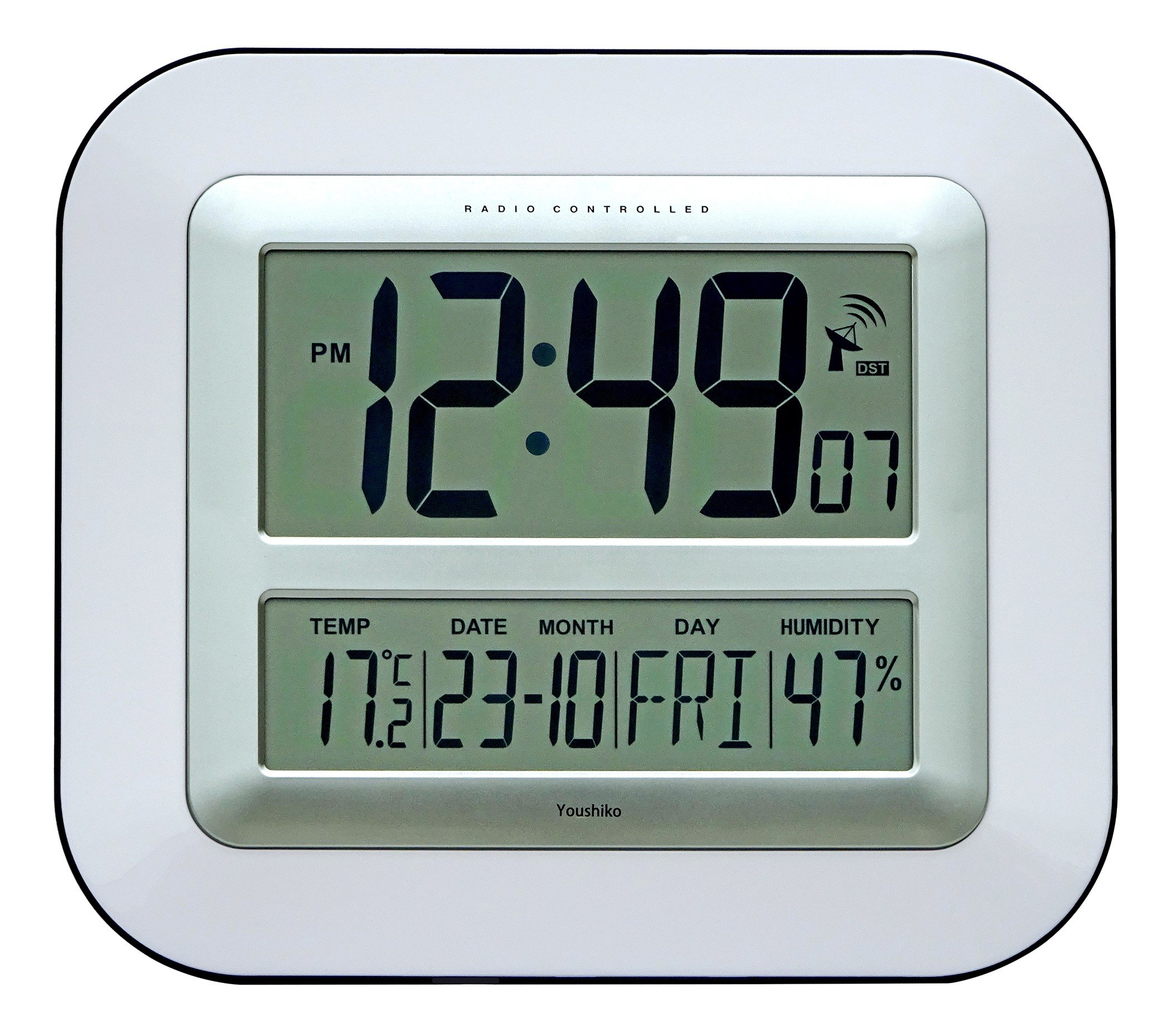 Youshiko Jumbo Large LCD Radio Controlled Wall & Desk Clock (UK & Ireland Version) Silent Battery Operated Temperature Humidity Calendar for Home Office