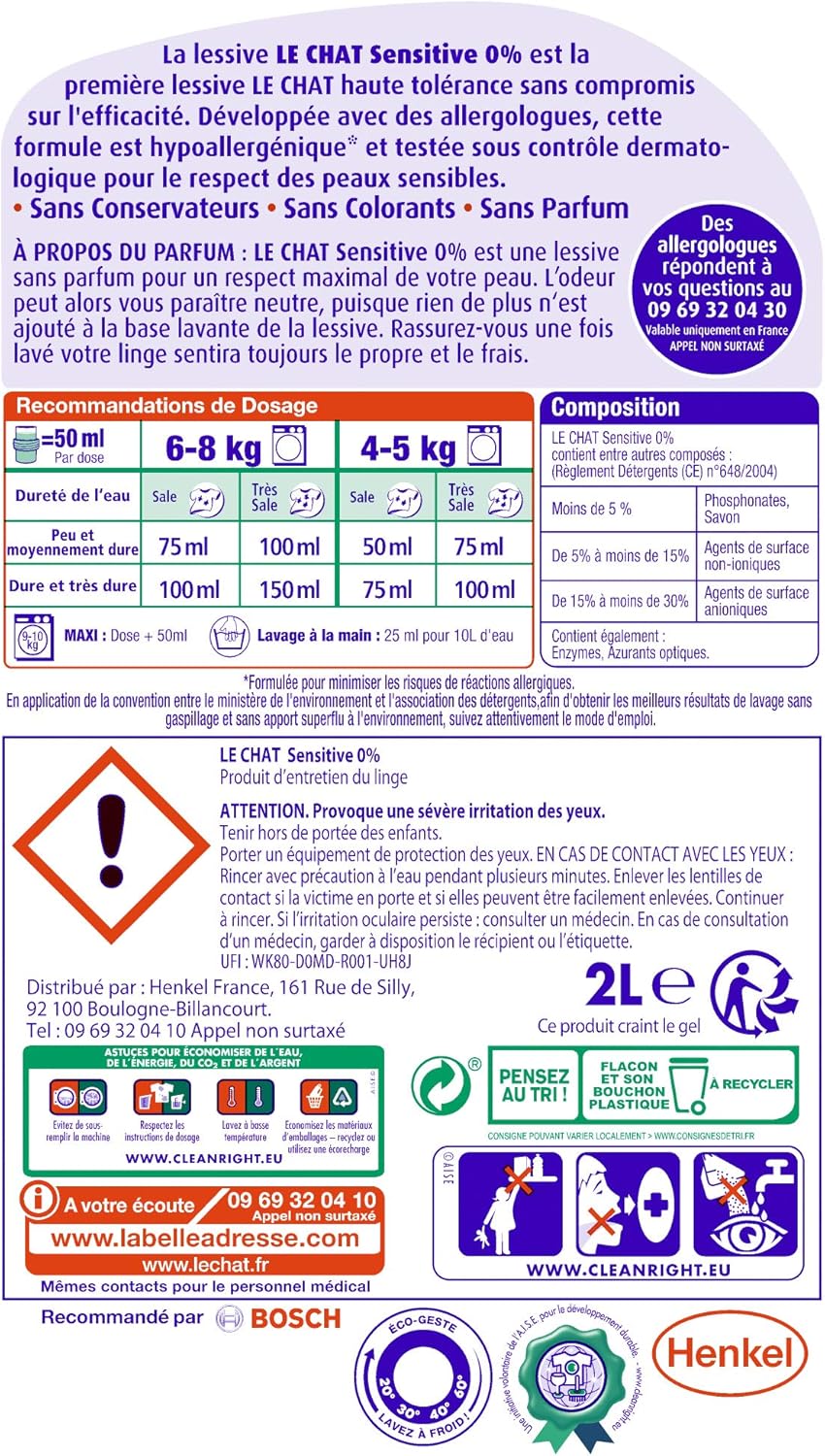 Le Chat Sensitive 0 Lessive Liquide Hypoallergenique 40 Lavages 2l Amazon Es Salud Y Cuidado Personal