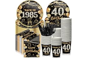 Ninehaoou 240 Pcs 40th Birthday Decorations Birthday Party Tableware Include Plates Napkins 9oz Cups Cutlery Anniversary Dinnerware Party Supplies for Men Women Him Her, Serve 30 Guests (Black Gold)